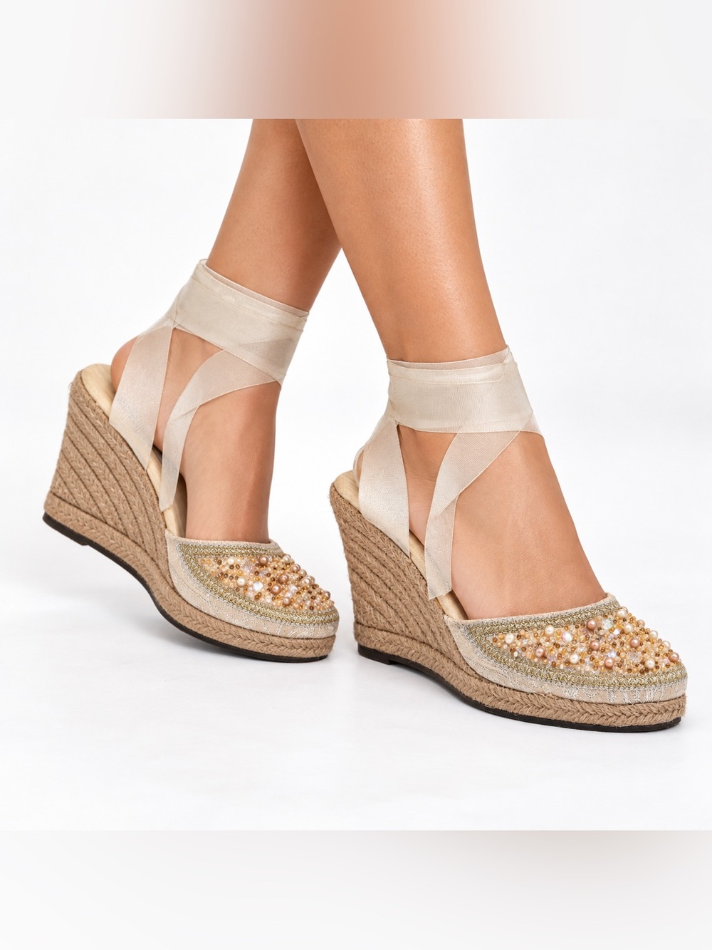 Steve Madden Bombay Embellished Pearl Beaded Espadrille Wedge Sandals Ankle Wrap